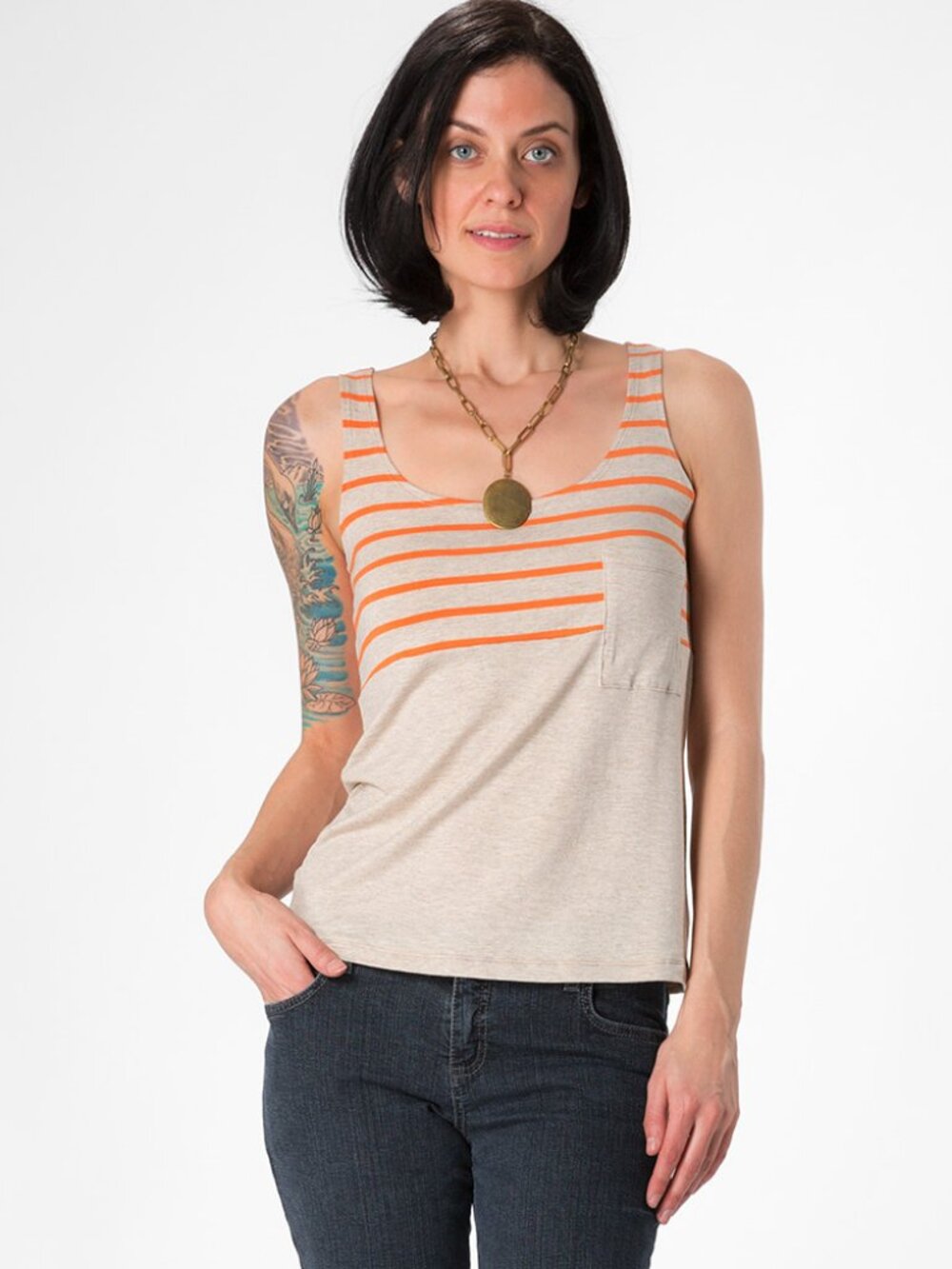 NWT Amour Vert Women's Angeline Colorblock Tank Oatmeal/Orange Stripe Size S